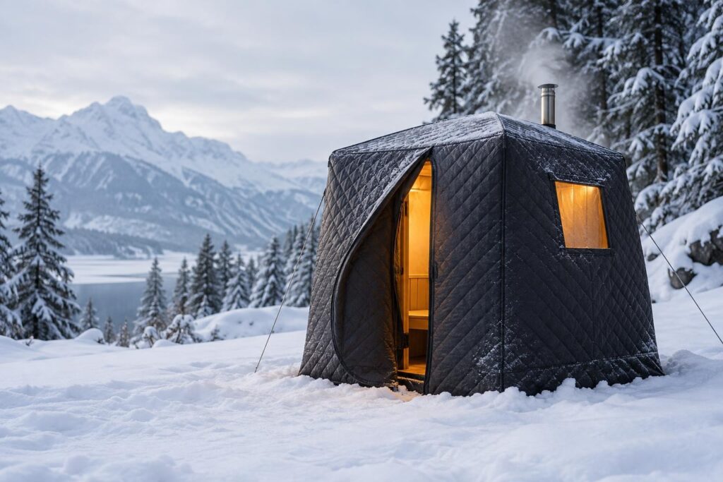 Insulated portable sauna operating outdoors in a snowy mountain setting